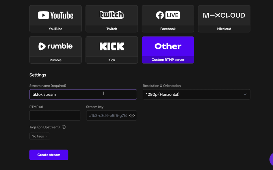 Je me crée un compte ou me connecte au site Upstream. Une fois connecté je choisis « other » RTMP