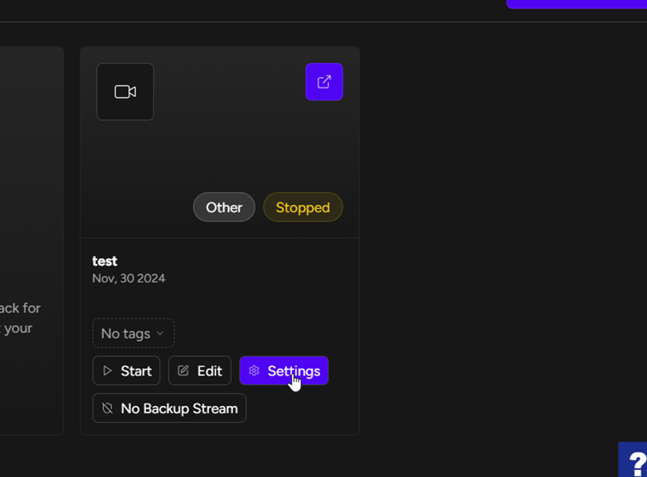 Je viens dans la liste de mes streams et clique sur « settings »